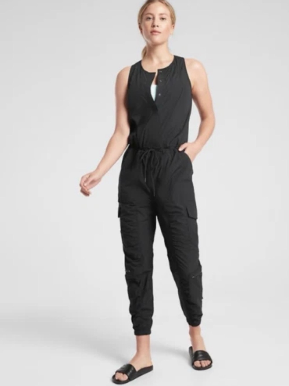 Athleta Black Sleeveless Utility Jumpsuit with Drawstring Waist